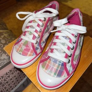COACH "Barrett" Size 5B Poppy Beach Plaid Signature Sneakers Pink/Multicolor